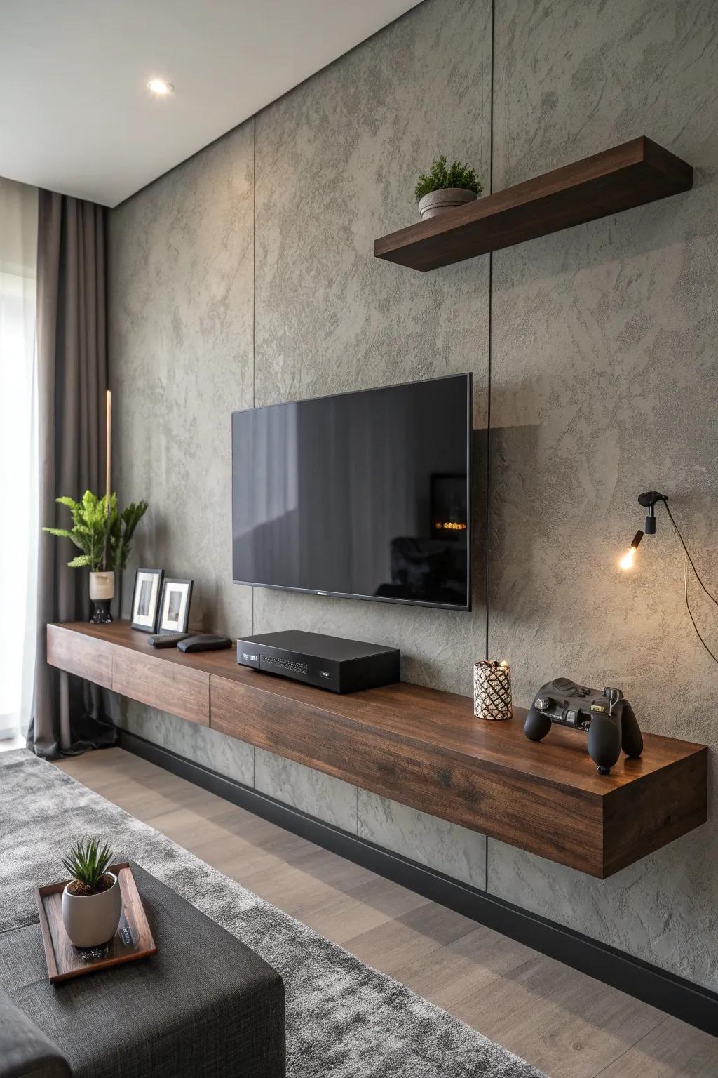 Elevate your gaming setup with sleek floating shelves for a modern, airy look.