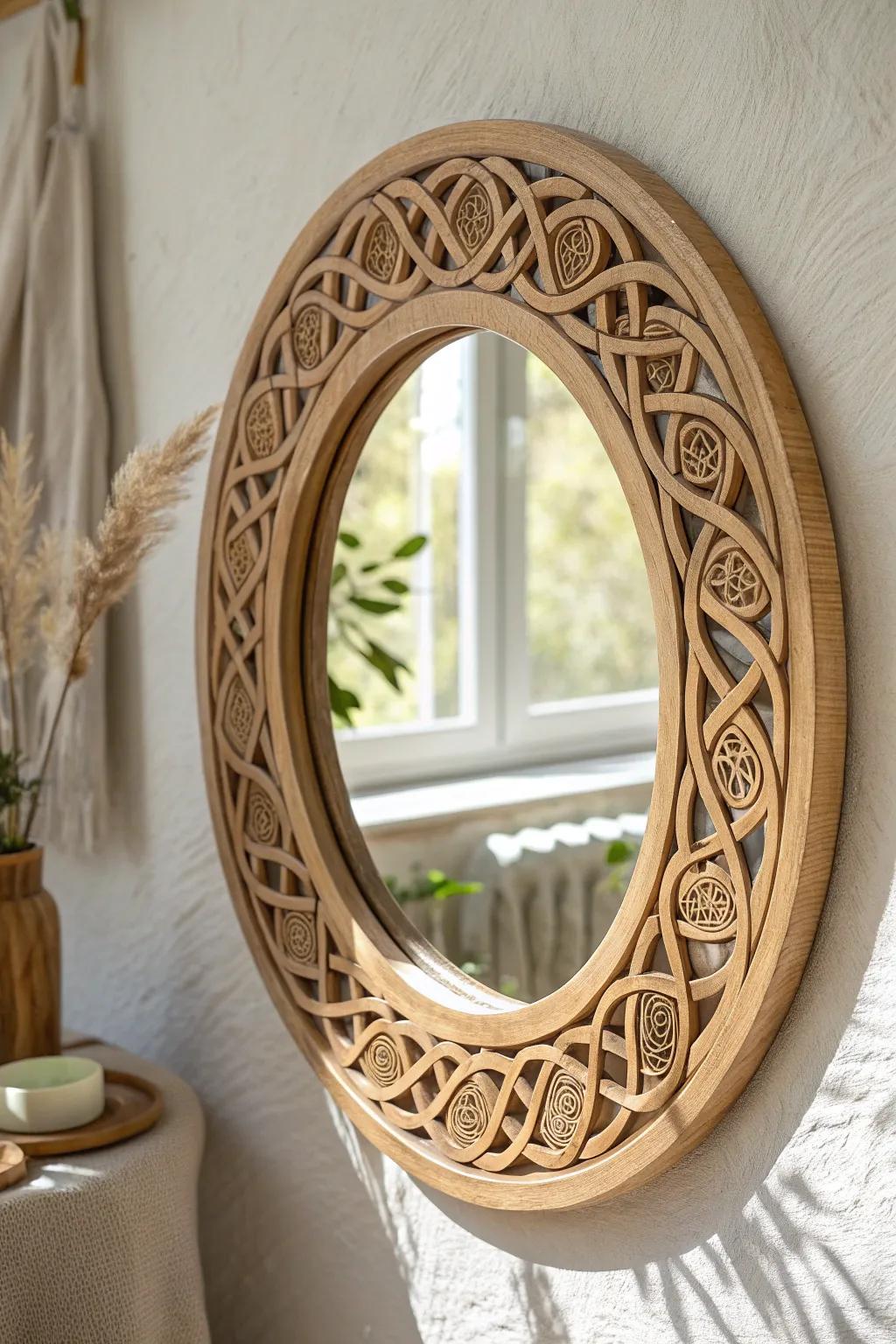 A simple oak mirror elevated with carved Norse knotwork for clean, modern Viking style.