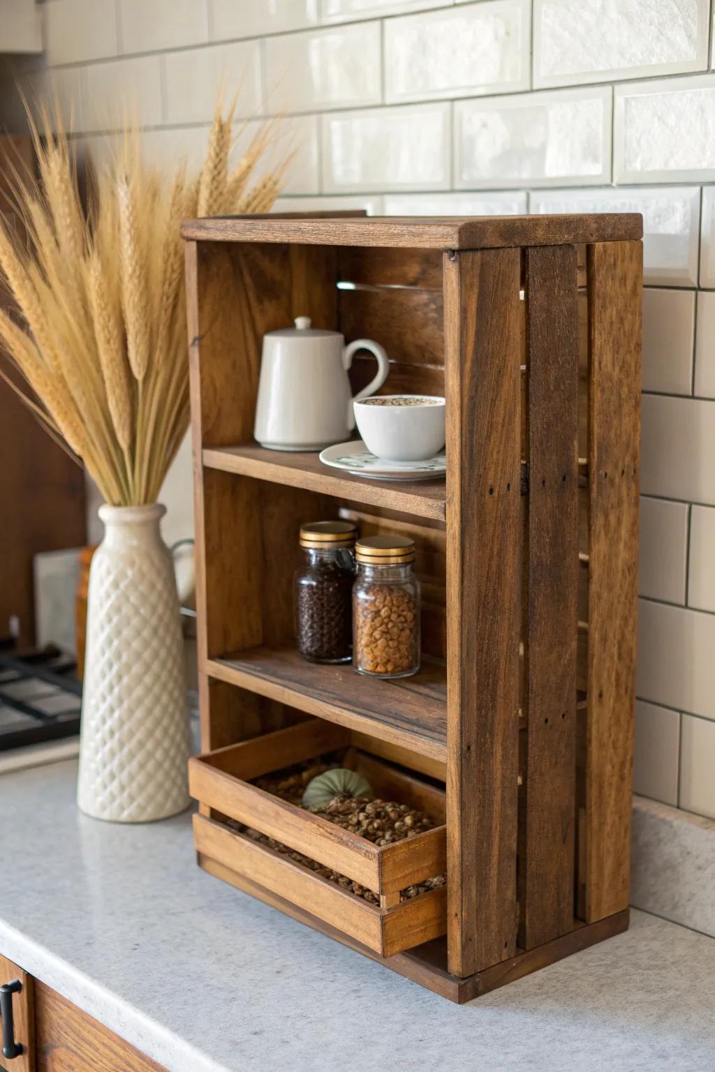 Antique crate organizer turns your countertop into a cozy vintage coffee bar—rental-friendly style.