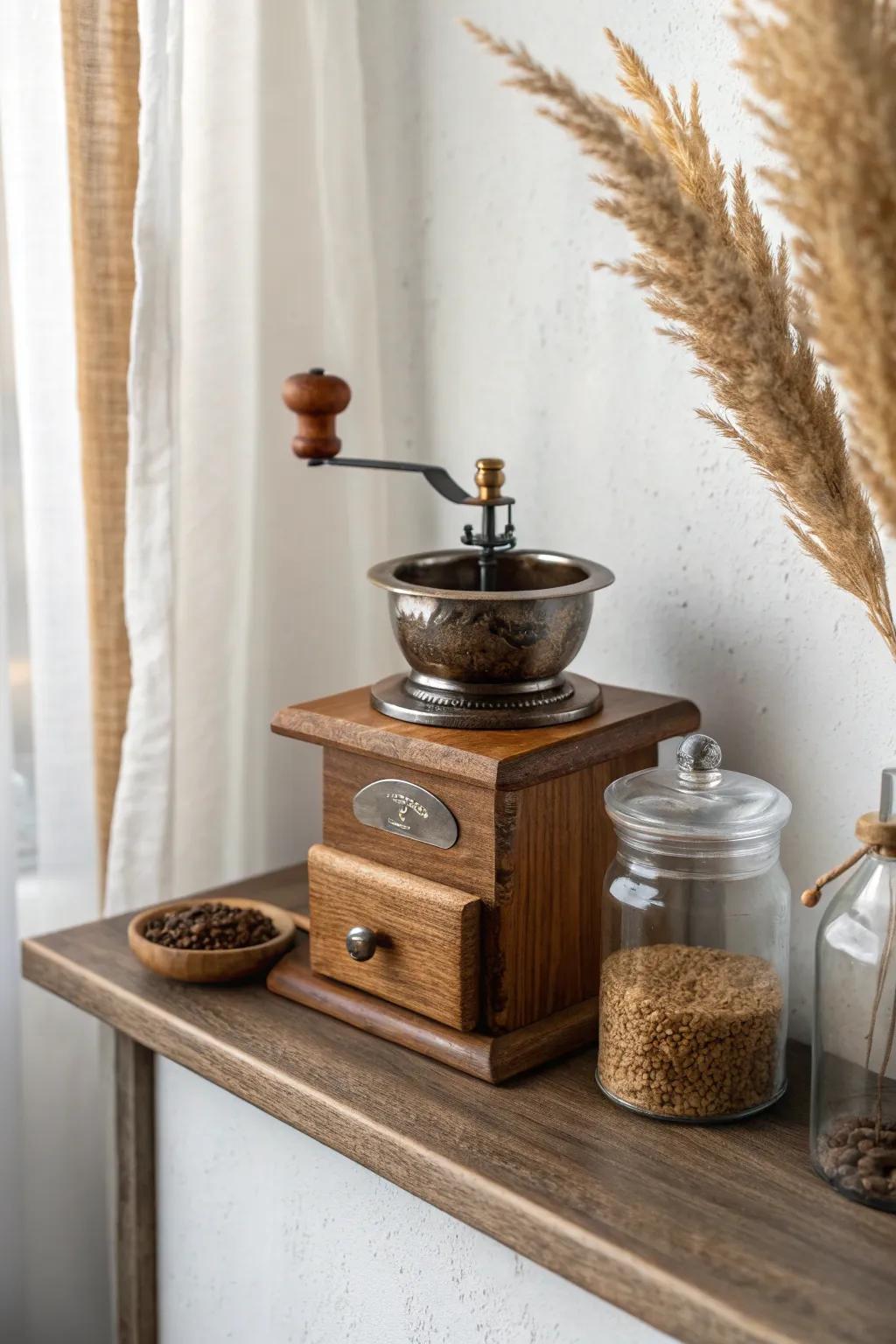 Showcase a vintage hand grinder on a simple shelf for instant heritage coffeehouse charm.