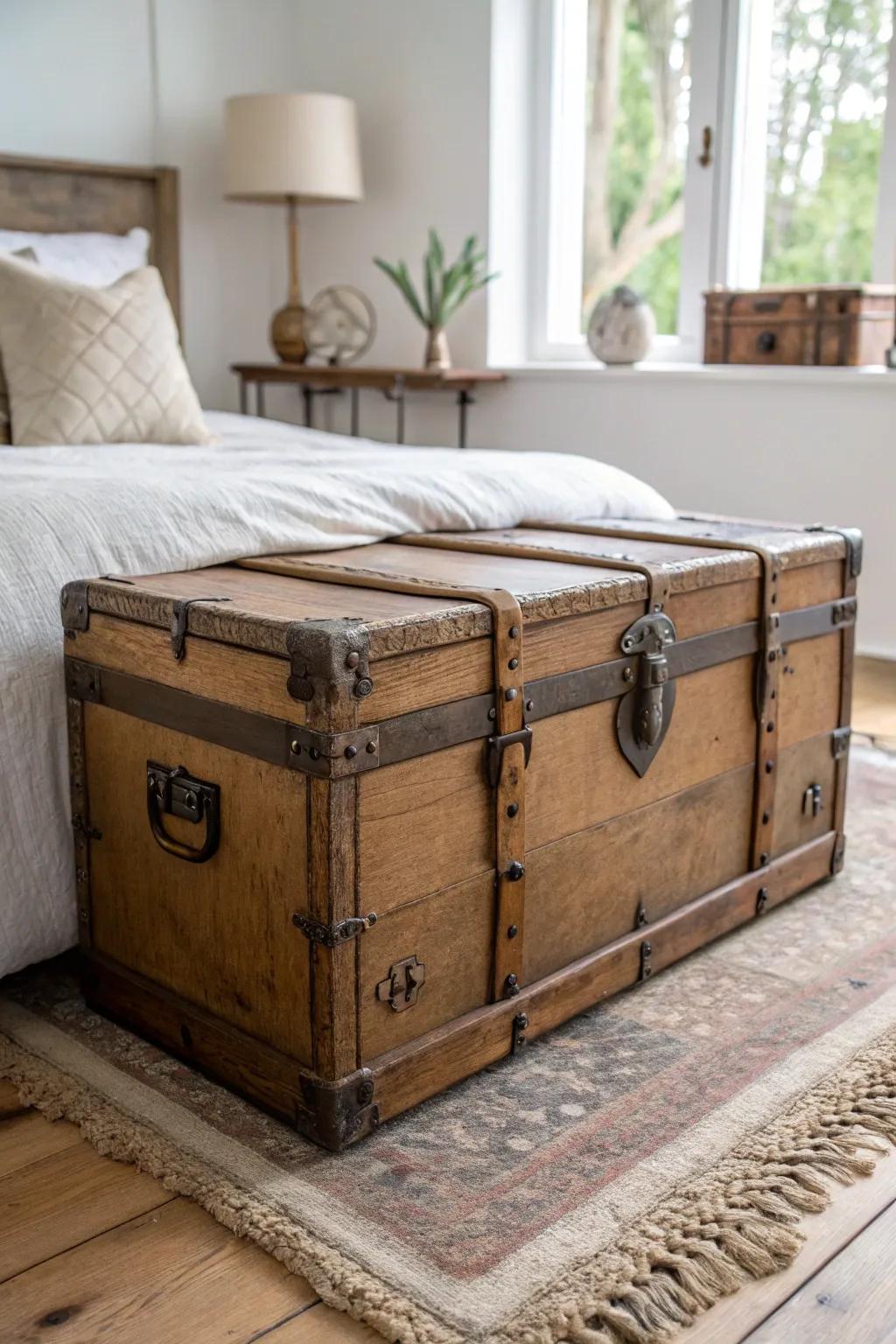 A timeworn wooden trunk adds cottage charm and hidden storage at the foot of the bed.