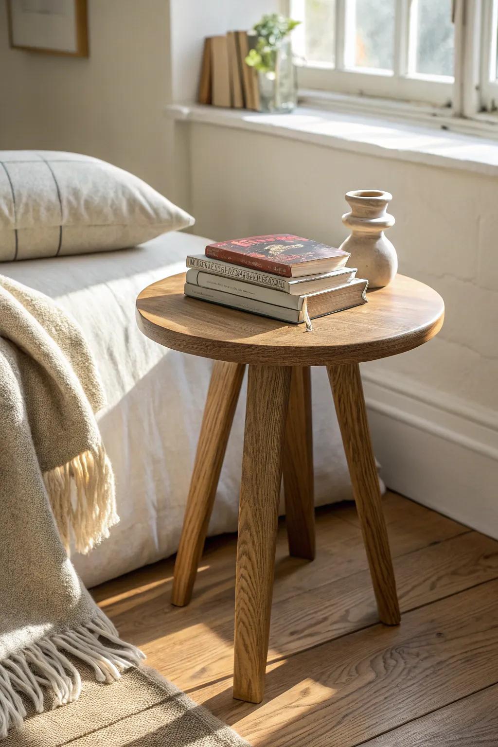 A honey-oak side table that turns a vintage reading corner into a calm mini retreat.