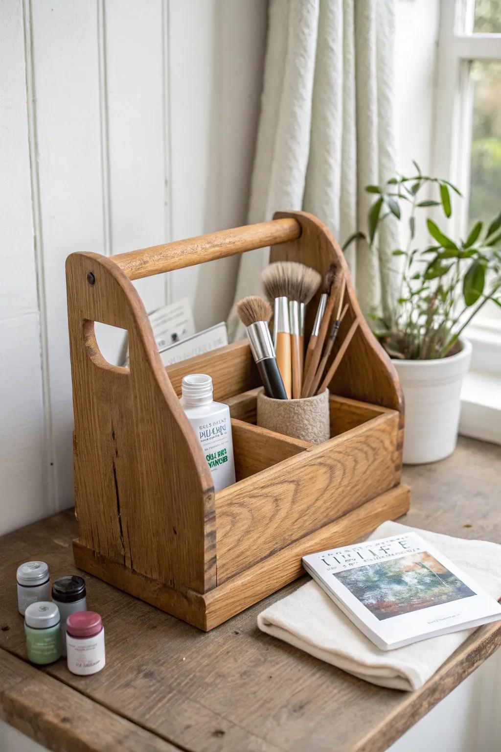 Vintage magazine rack turned brush caddy—portable, tidy, and beautifully crafted.