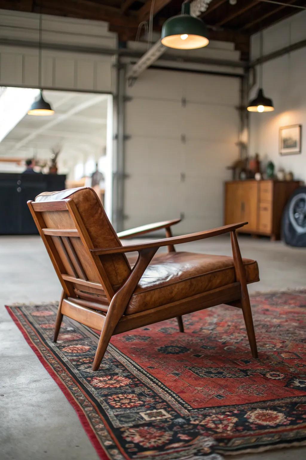 Vintage garage lounge: warm walnut chair on concrete, softened with a rug and industrial glow.