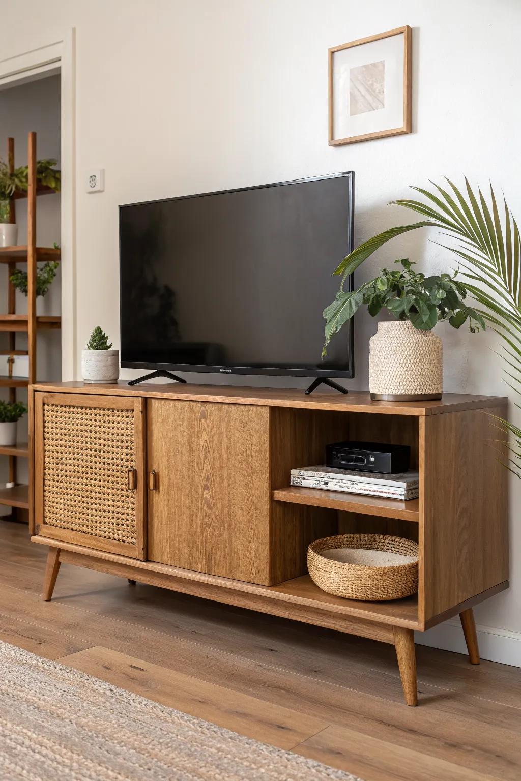 Hutch-style vintage TV stand with side shelves and a dark back panel for a calm, blended screen.