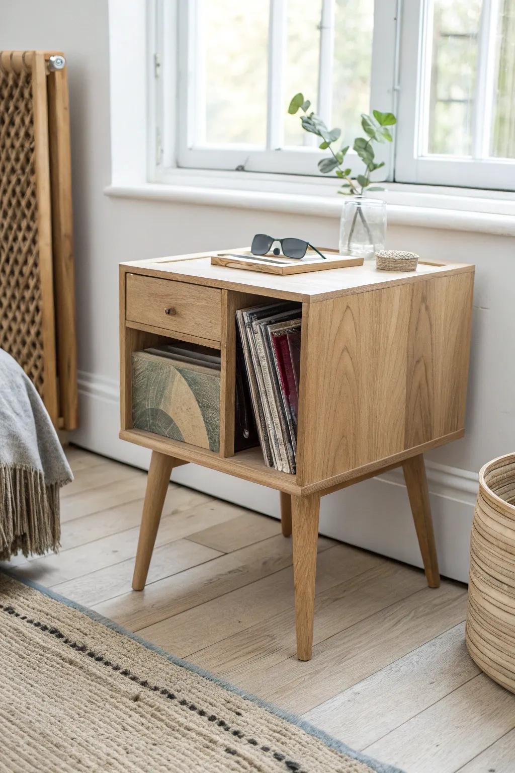 A sleek oak side table with a built-in record slot—your current favorites always within reach.