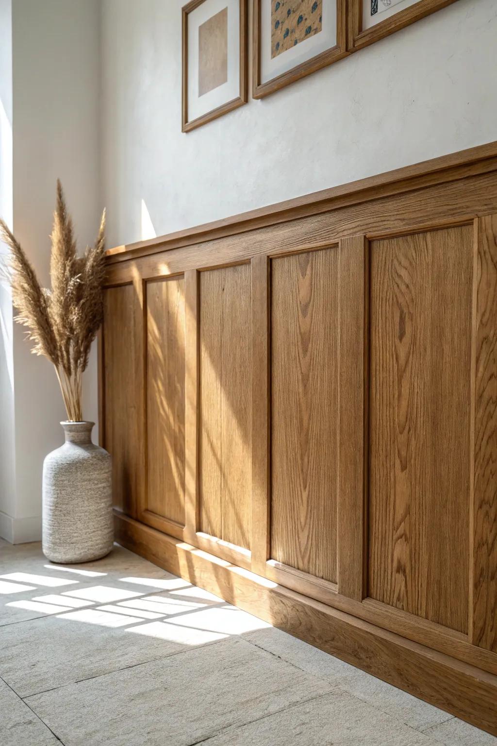 One oak wainscoting accent wall adds built-in charm without shrinking a small living room.