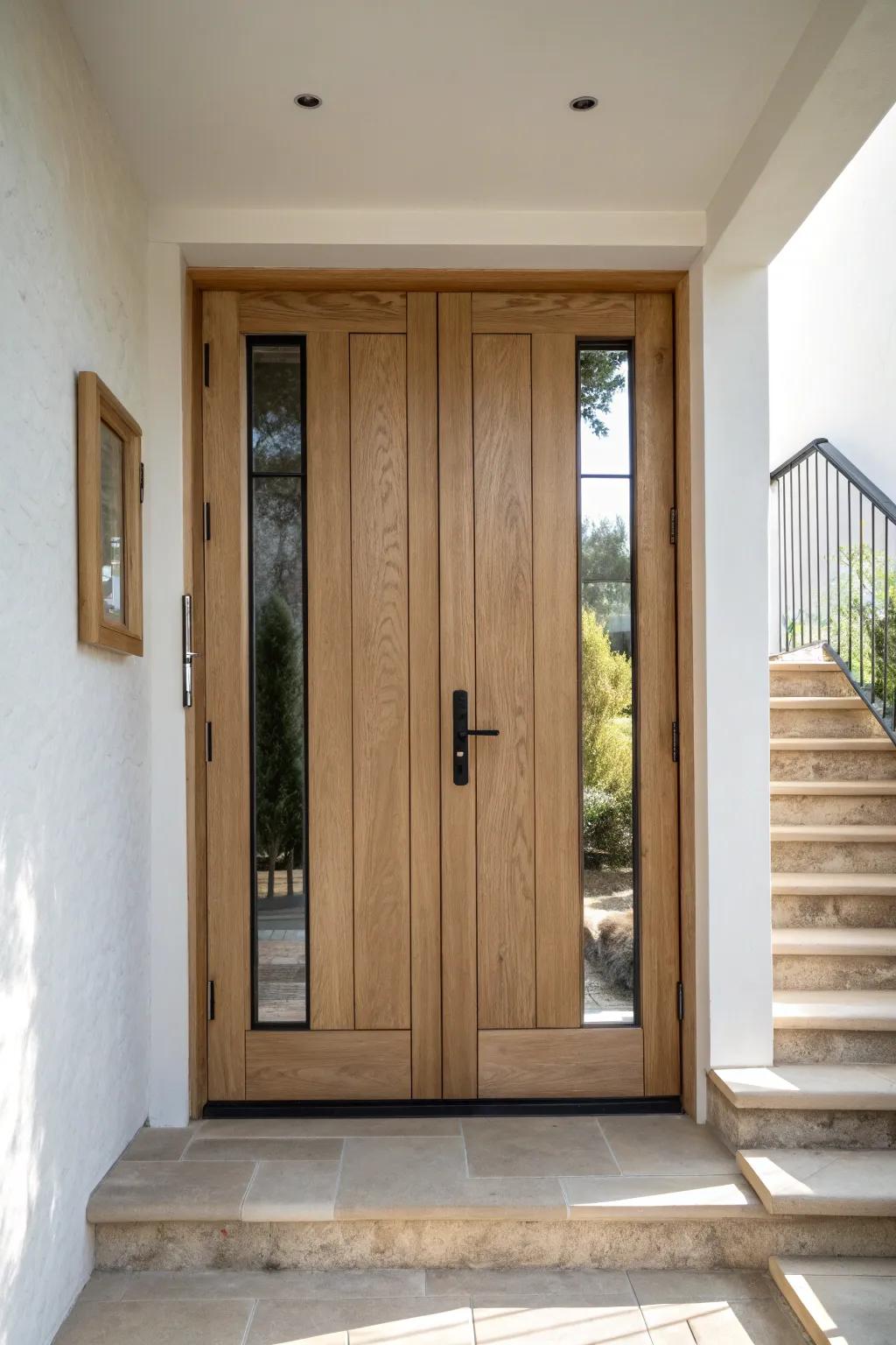 Light oak double doors with glass make walkout basement stairs feel bright and grand.