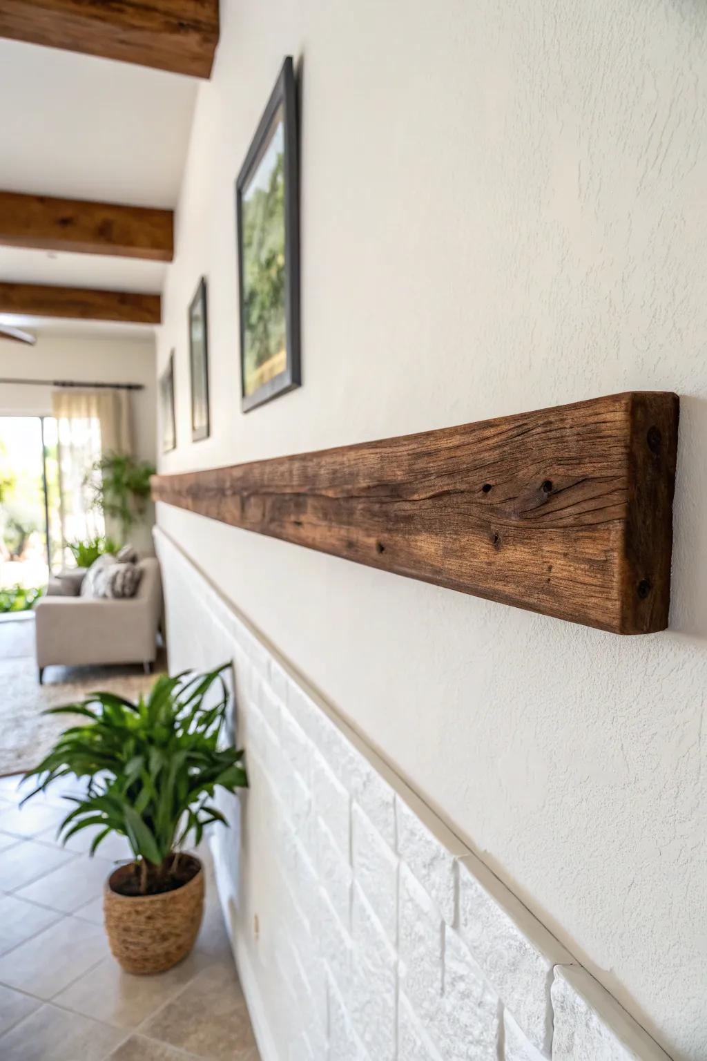 Dark-stained wall beam on a light wall—simple two-tone contrast that adds instant depth.