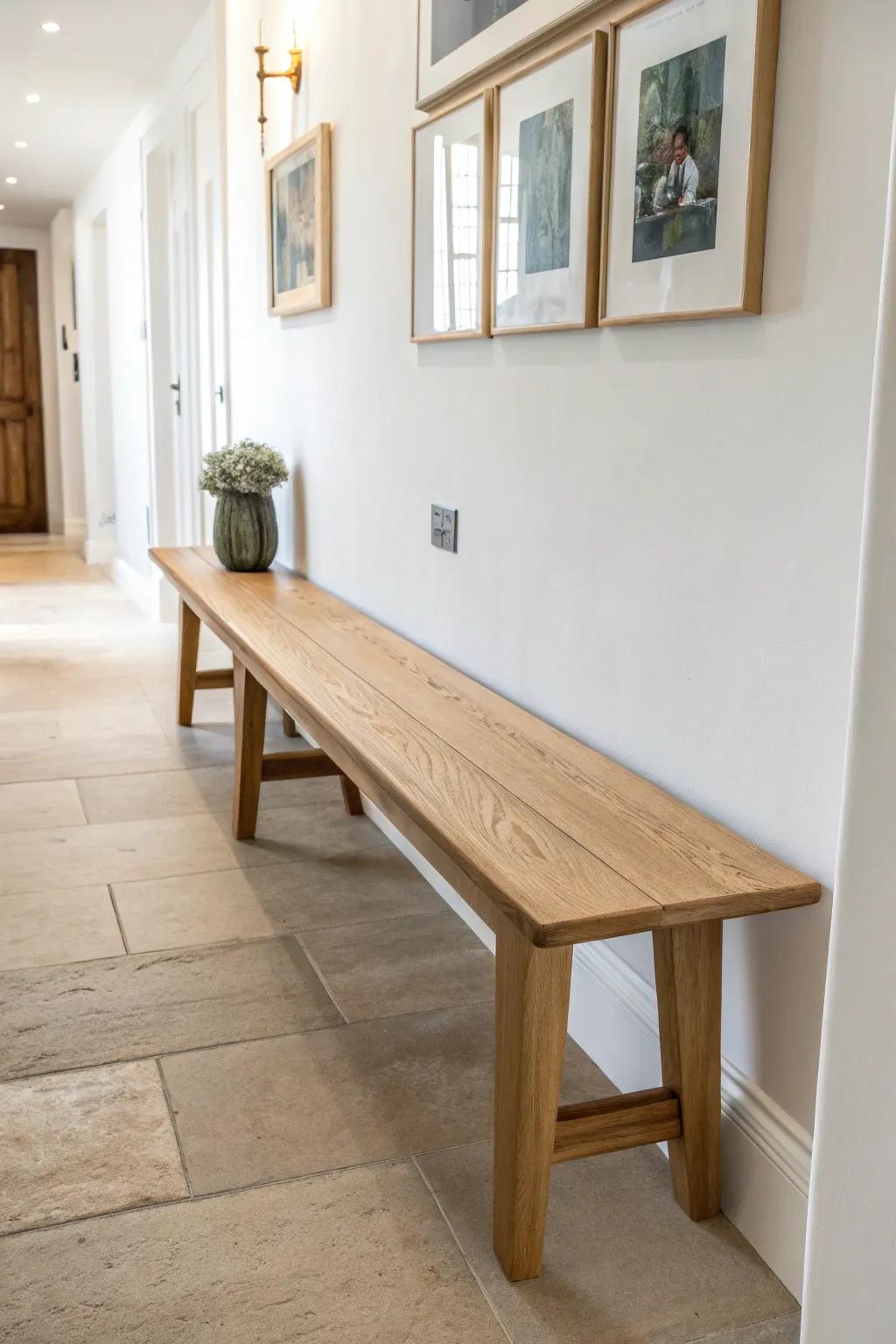 A slim floating oak hallway bench turns unused wall space into a calm seat and mini gallery.