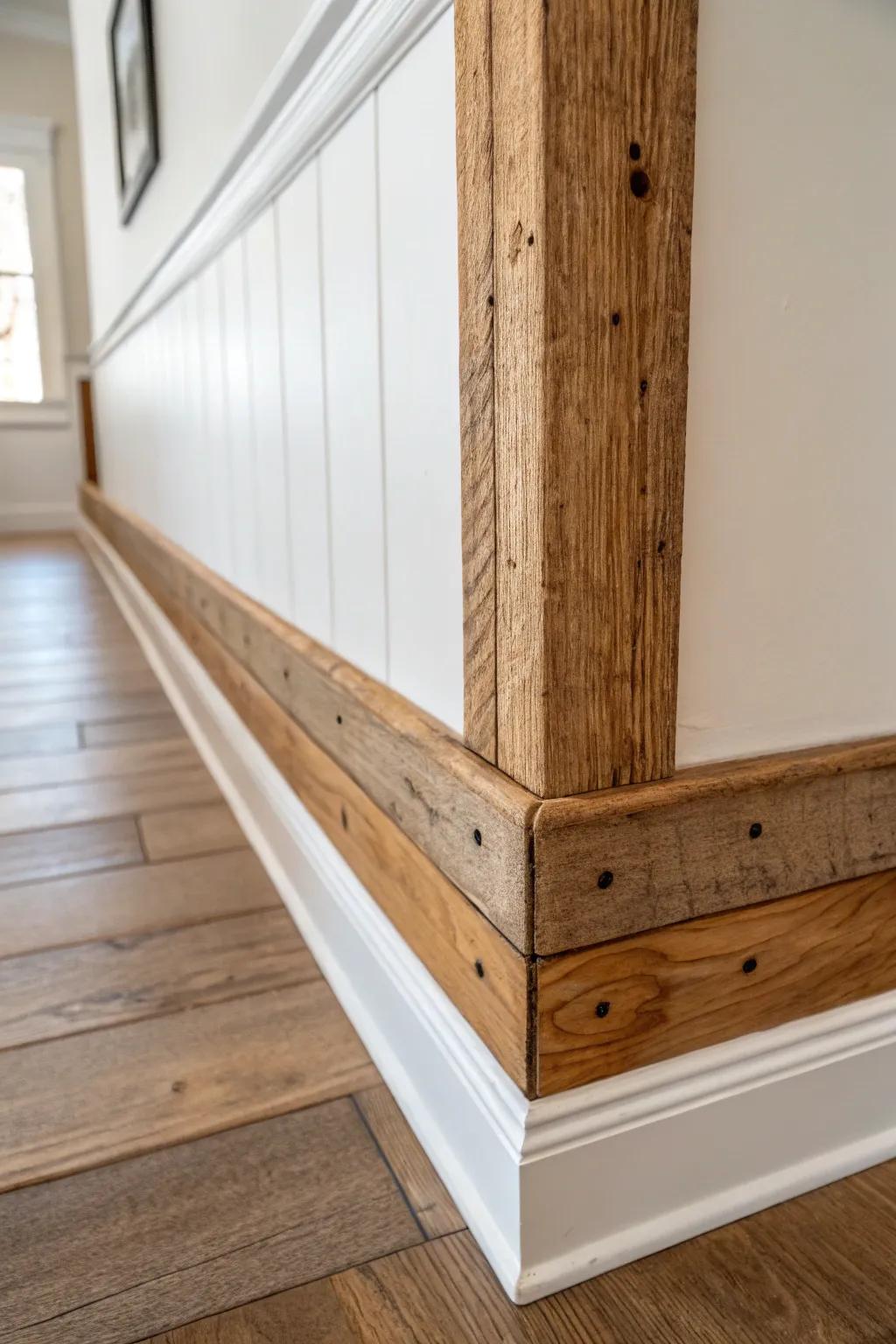 Reclaimed wood plank border trim: warm patina, nail holes, and saw marks that tell a story.