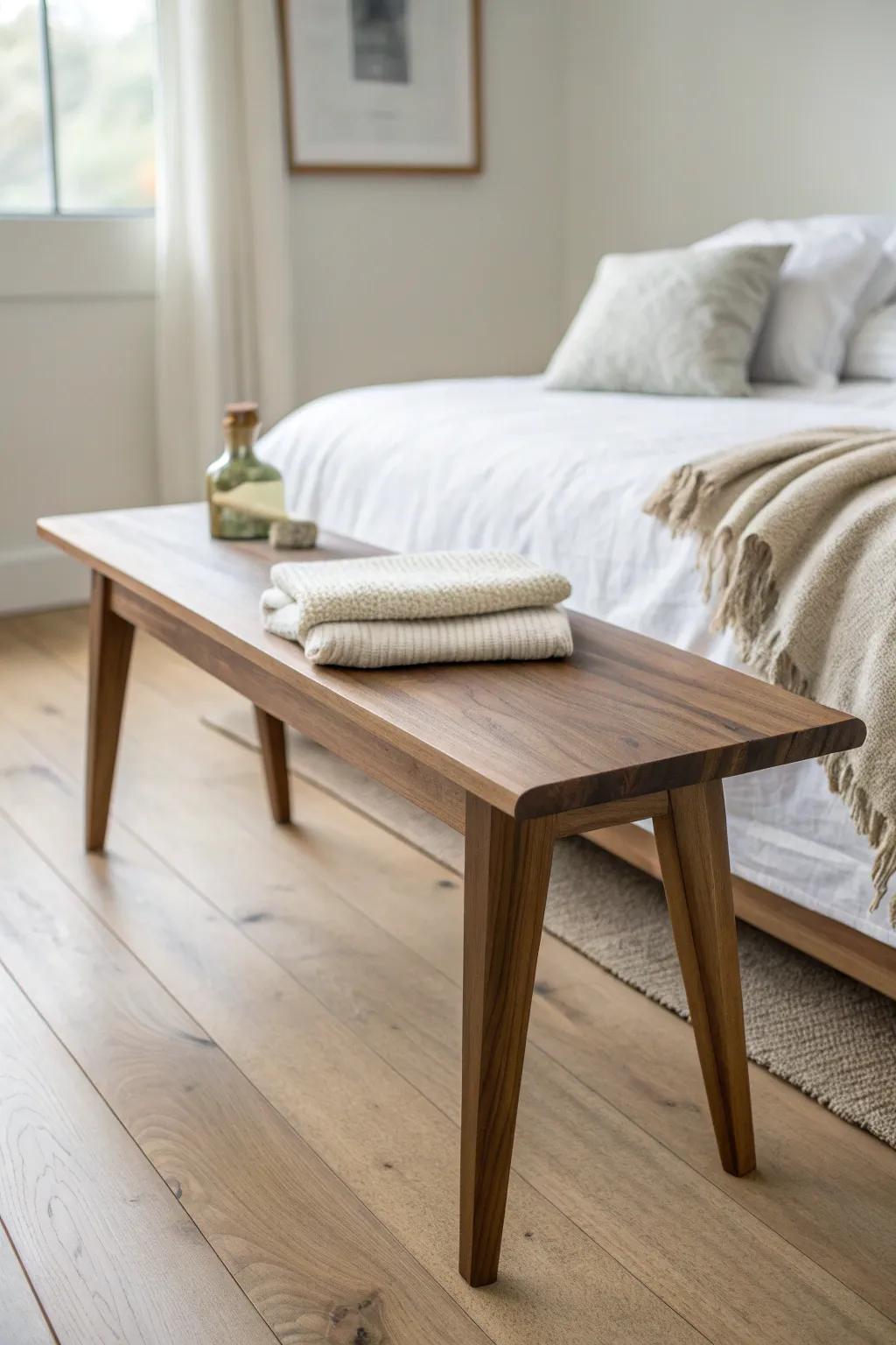 A simple walnut bench at the foot of the bed adds warmth, function, and a finished-suite feel.