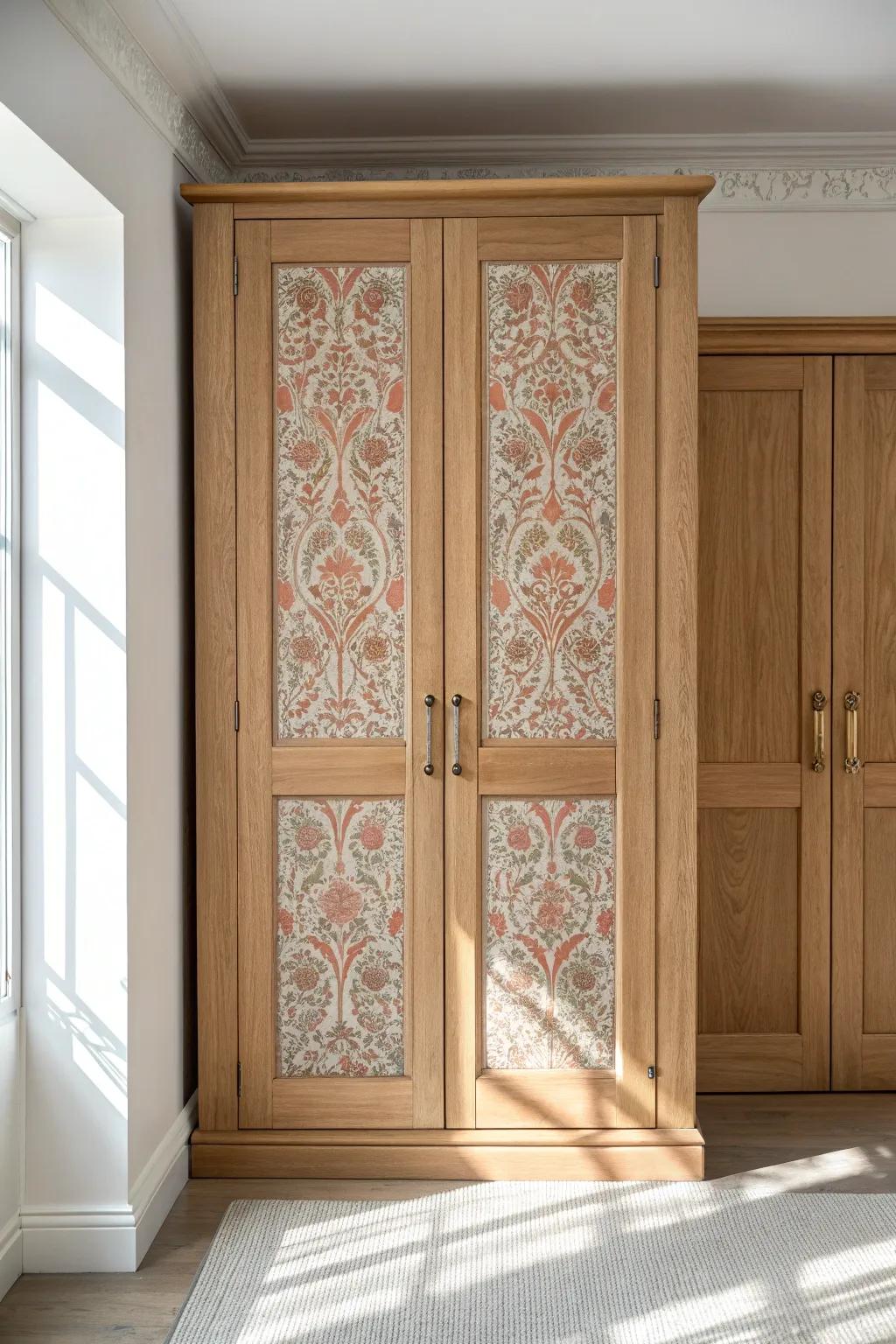 Wallpaper inset panels turn a simple oak wardrobe door into warm, crafted decor.