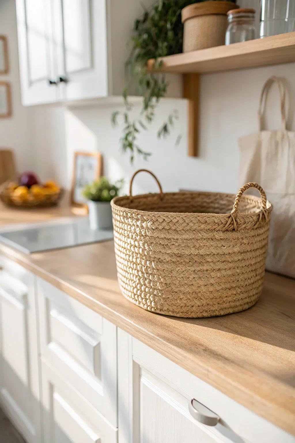 Woven baskets add cozy texture and hide everyday clutter in a warm white kitchen.