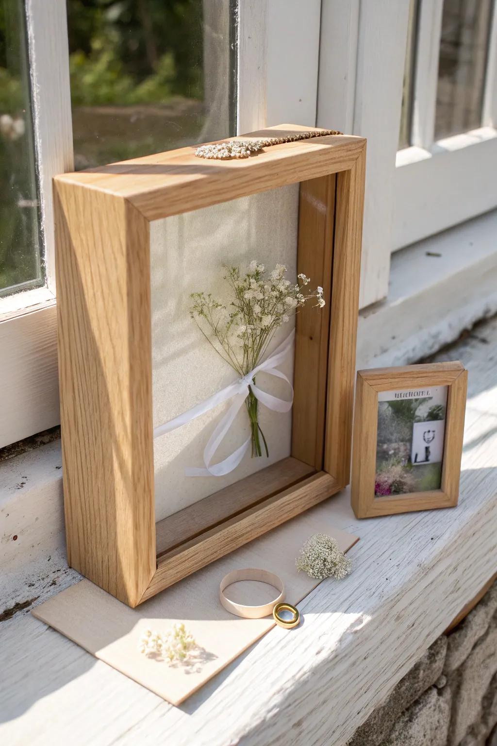 A glass-front shadow box keepsake turns pressed flowers and ribbon into wall-worthy art.