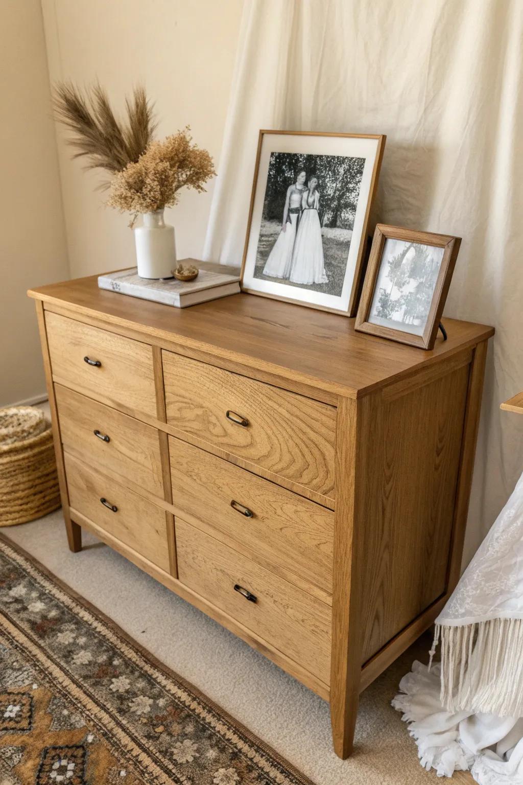Turn a thrifted dresser top into a wedding photo table—warm waxed wood with effortless charm.