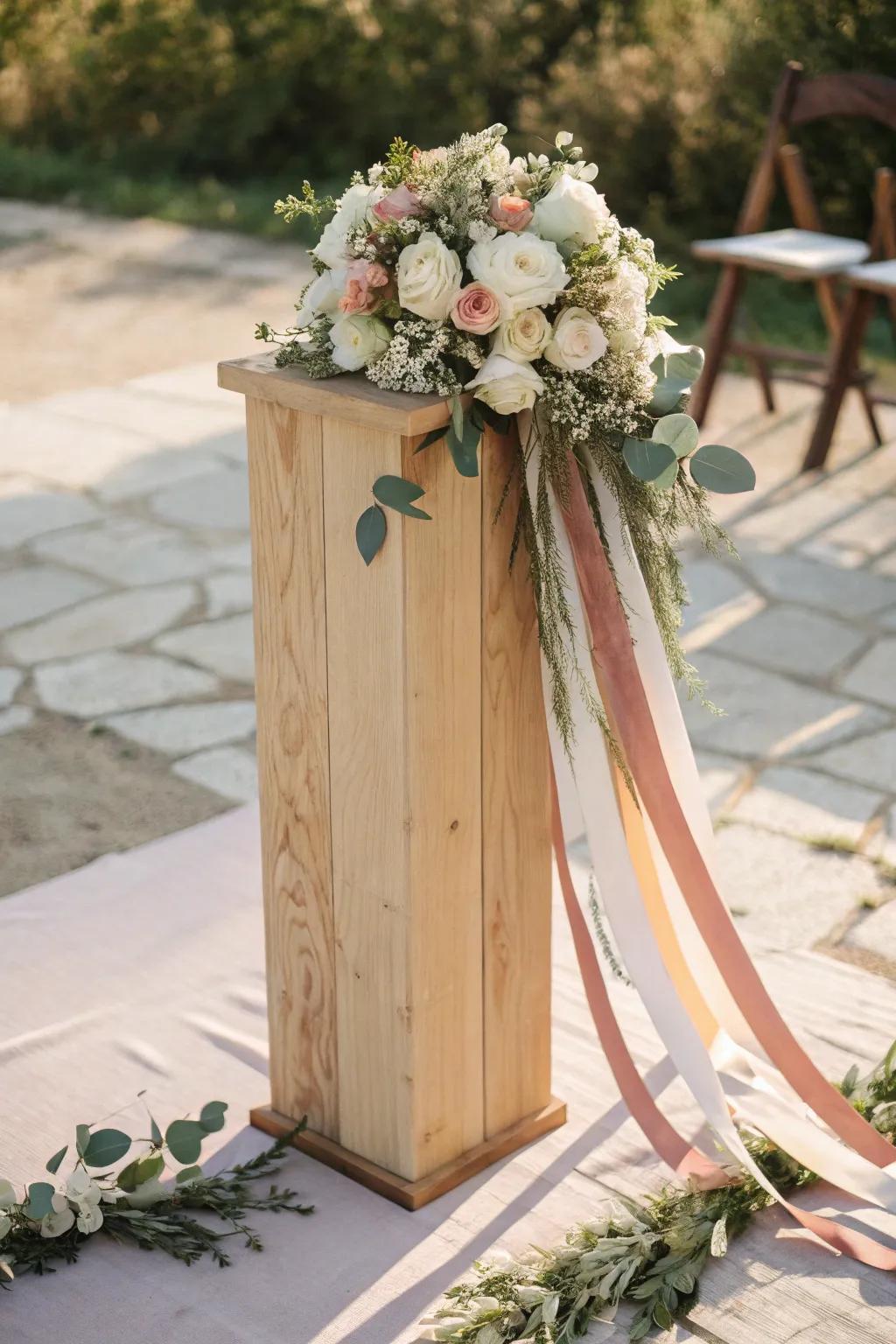 Ribbon waterfall + soft blooms on a natural oak pillar—airy movement with a secure double-knot.