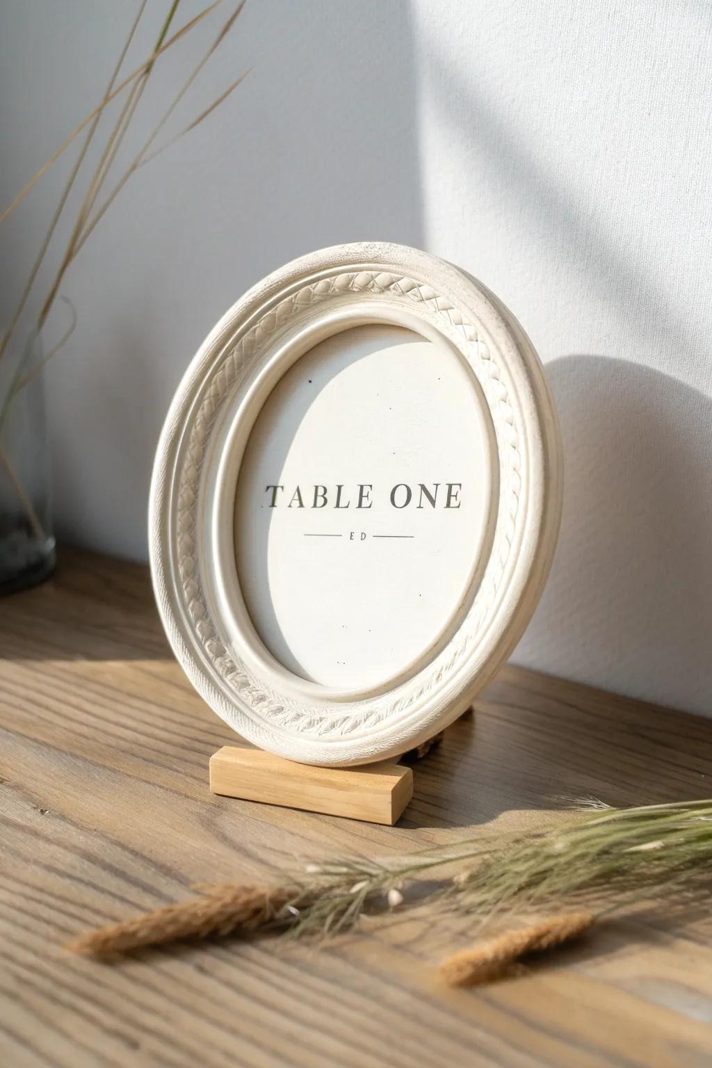 Thrifted vintage frame turned into a chic table name sign—simple, warm, and handcrafted.