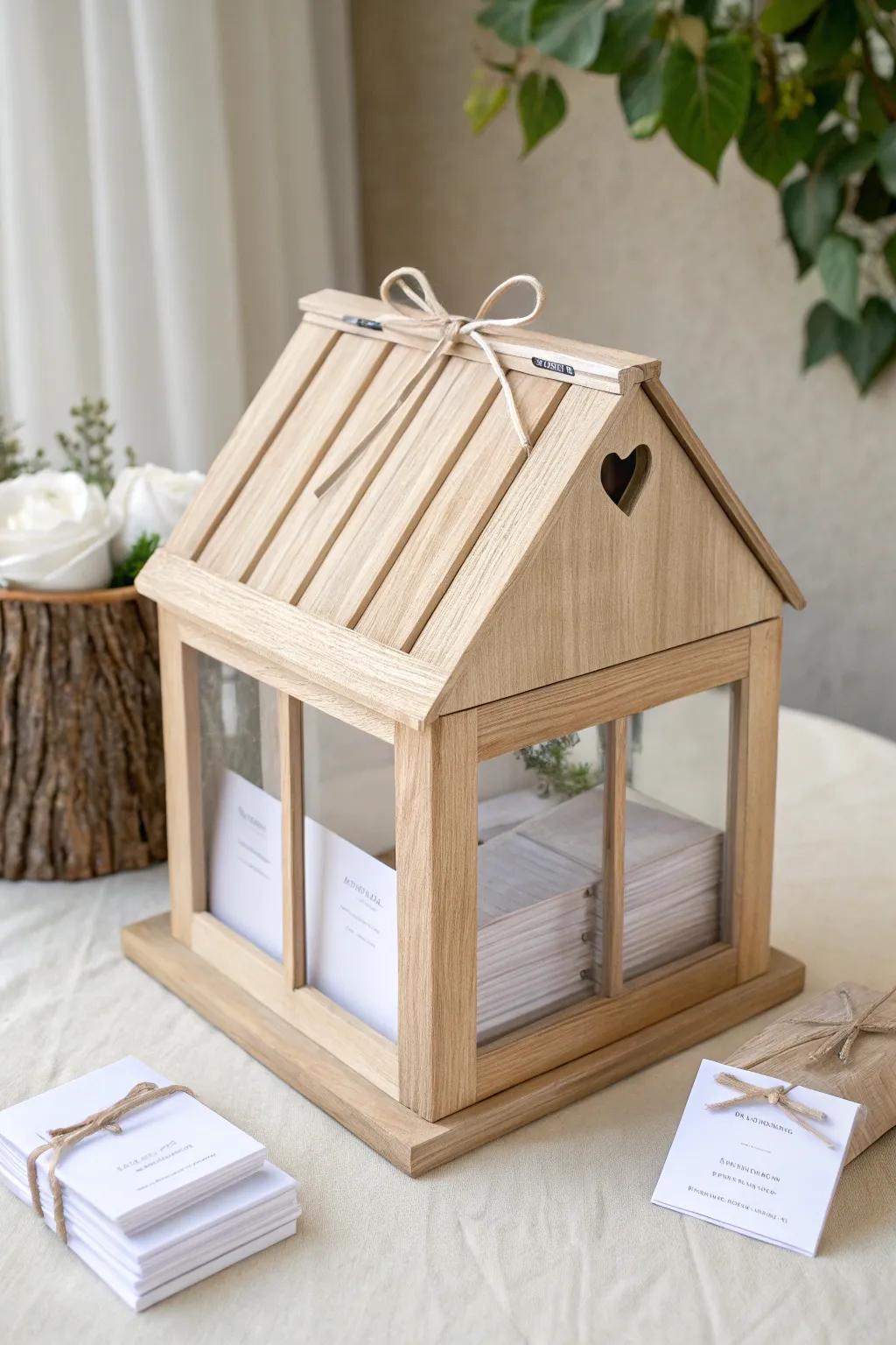 Mini wooden house wishing well—Scandi simple, with clear panels to watch the love notes grow.