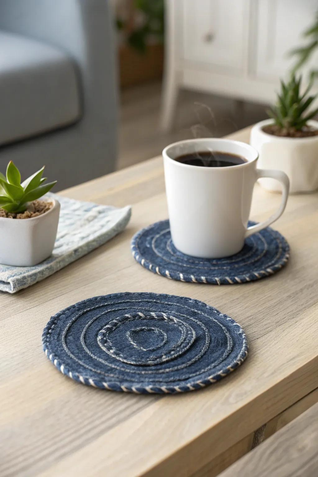 Craft a conversation: Transform old denim into chic coasters for stylish, sustainable living.