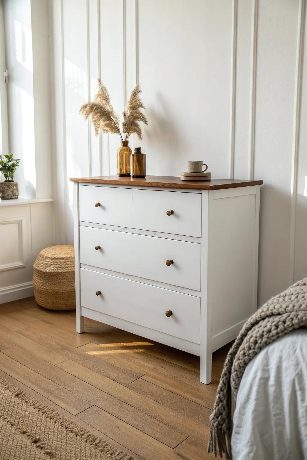 Soft white dresser with a stained wood top—minimal, warm, and all about the grain.