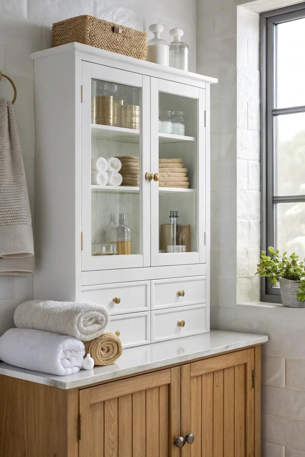 Glass-front white uppers keep storage protected—while towels and jars become bathroom decor.