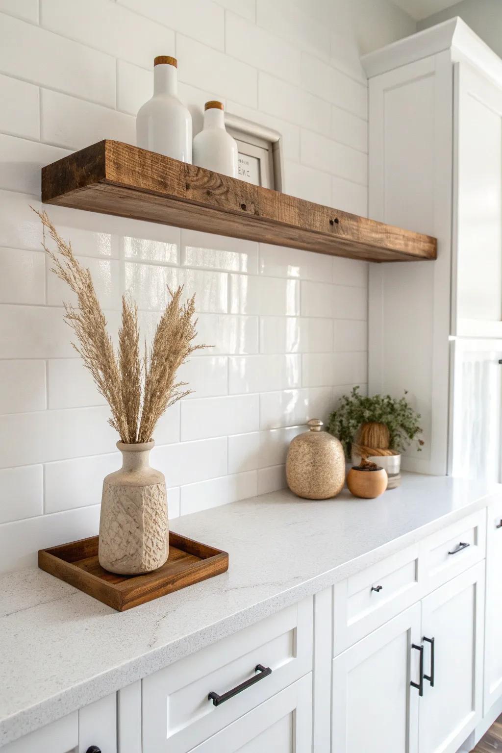Warm reclaimed wood floating shelf softens crisp white cabinets and white countertops.