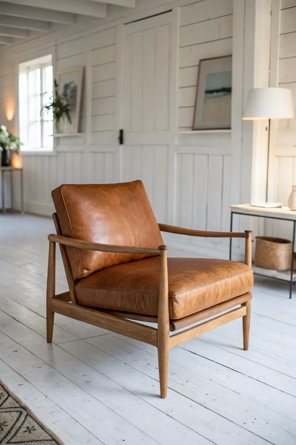 Cognac leather armchair adds cozy warmth and contrast to an airy white farmhouse living room.