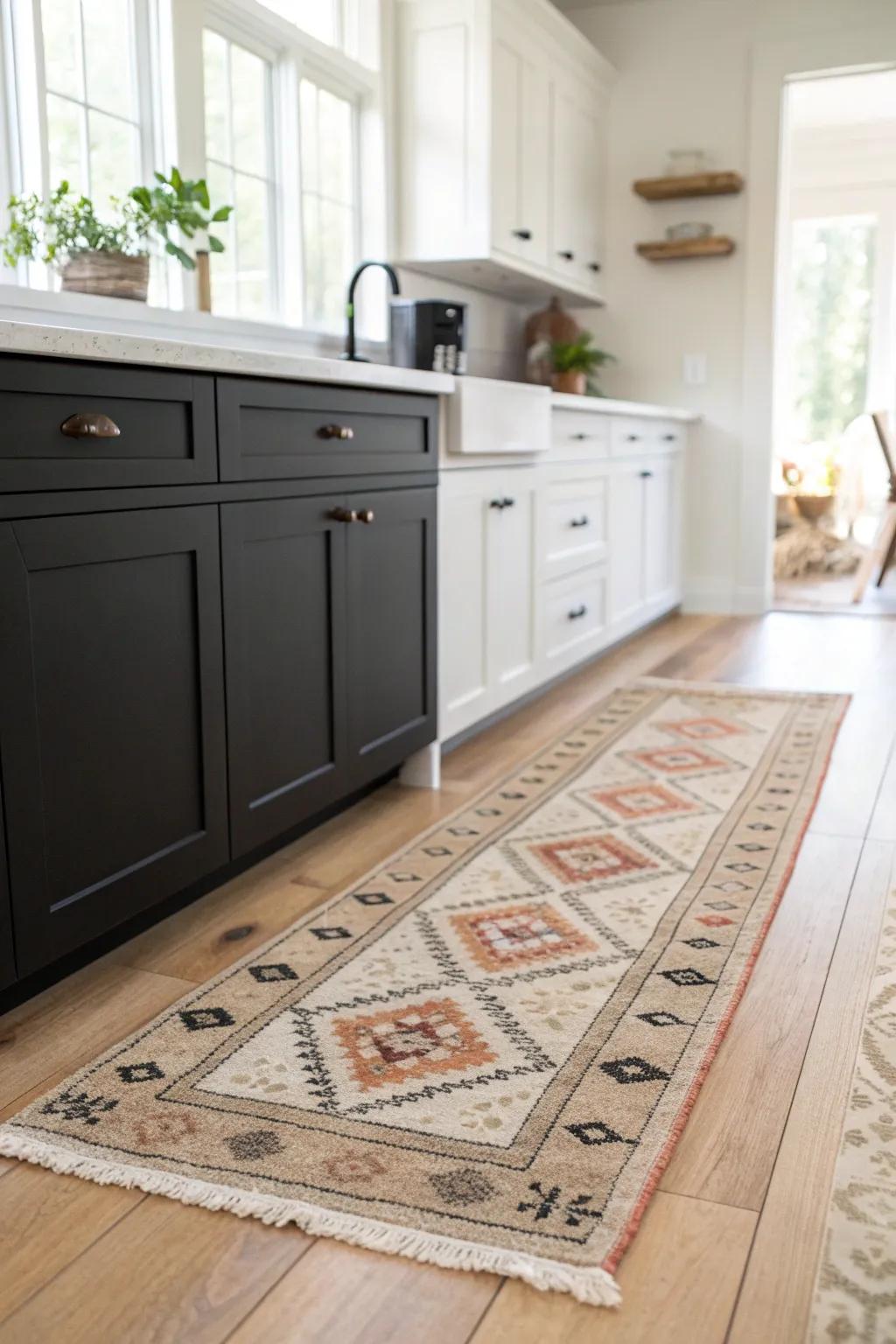 A vintage runner beside a black island softens the contrast and adds collected charm.