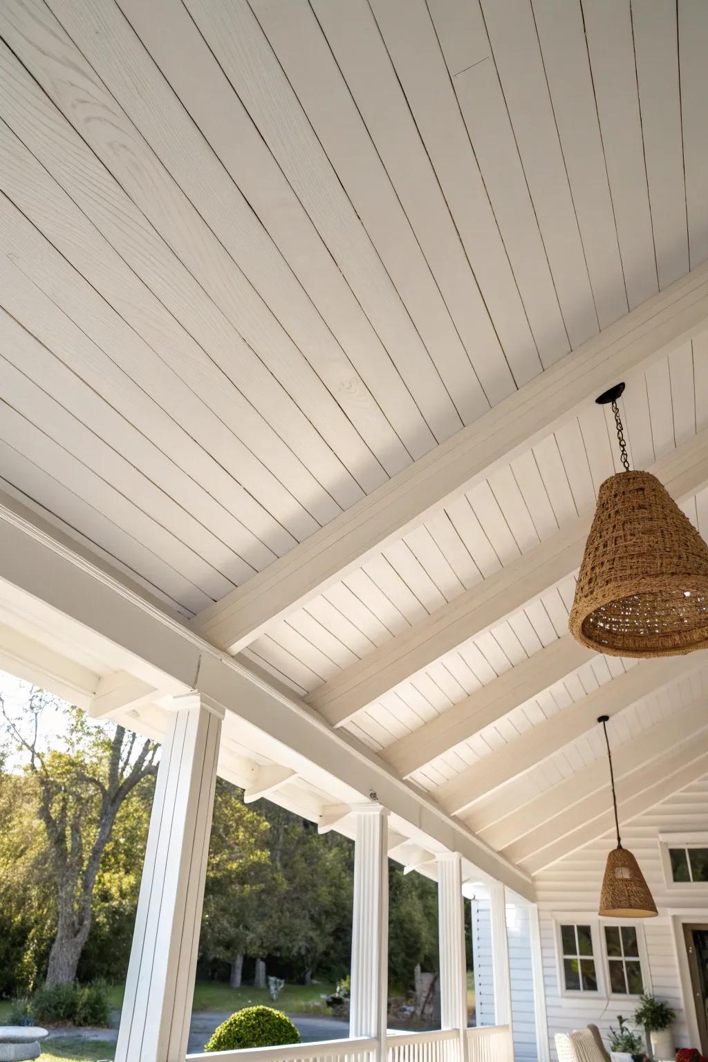 Crisp white patio planks that brighten overhead while keeping a warm, wood-crafted feel.