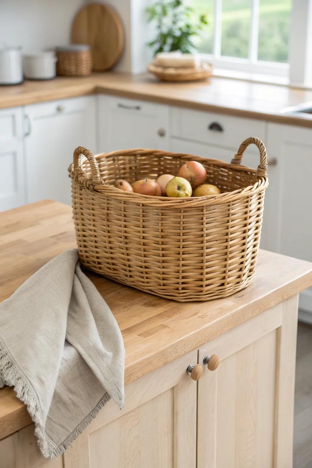 A rolling wicker basket adds warm, custom-looking kitchen storage for potatoes and pantry extras.
