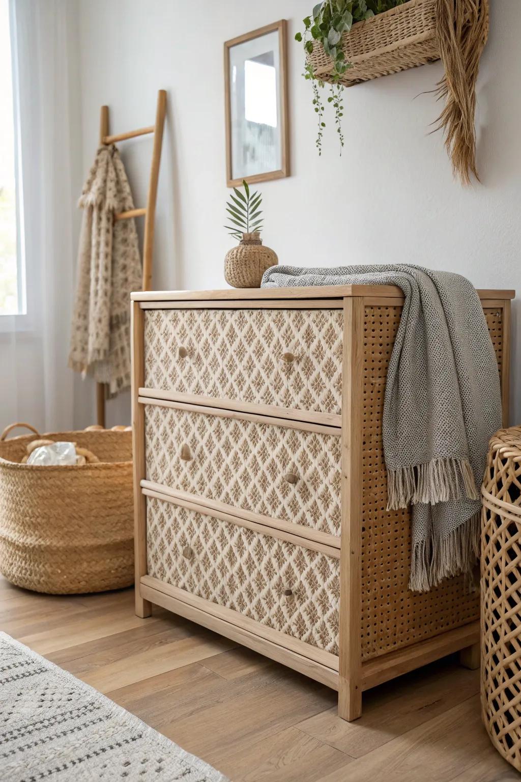 Transform your space with a chic fabric update on your wicker dresser - where modern meets cozy!
