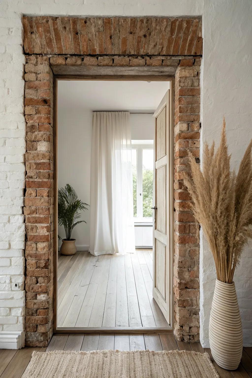 Wide doorway, big impact—brick surround adds cozy texture and handcrafted farmhouse charm.