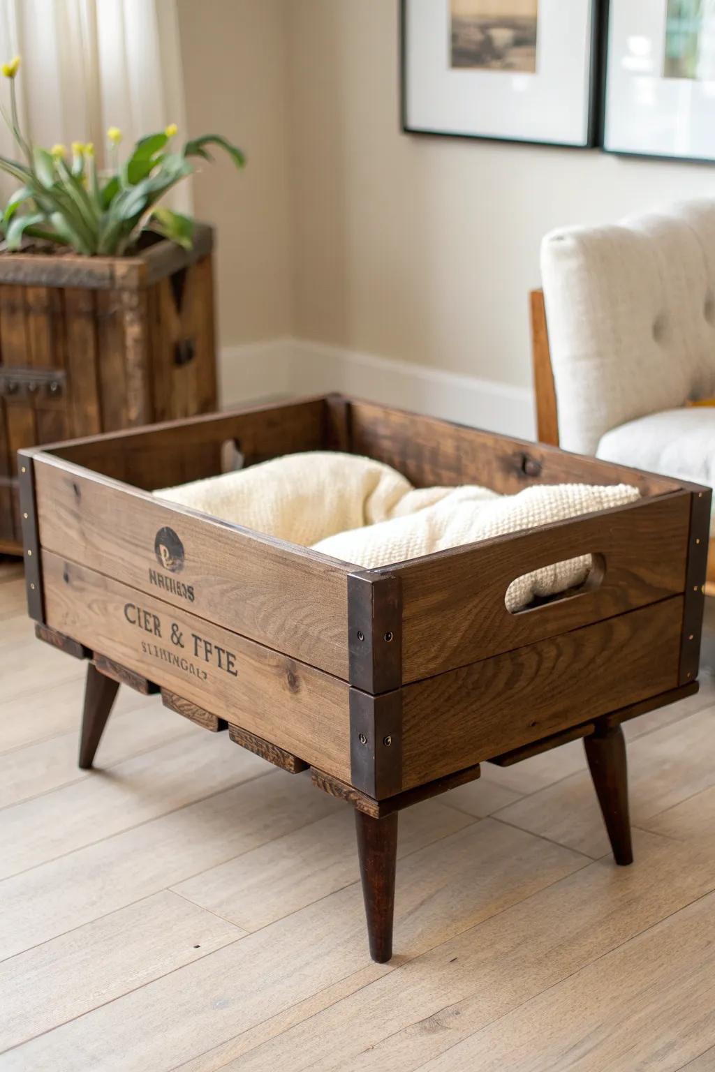 Raised wine-crate pet bed with dark stain and linen cushion—cozy, crafted, and chic.