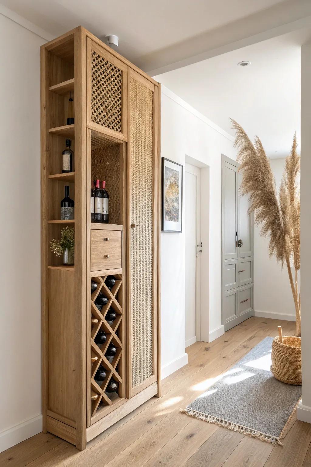 Slim hallway wine cabinet: vertical, wall-to-wall storage that saves space and looks intentional.