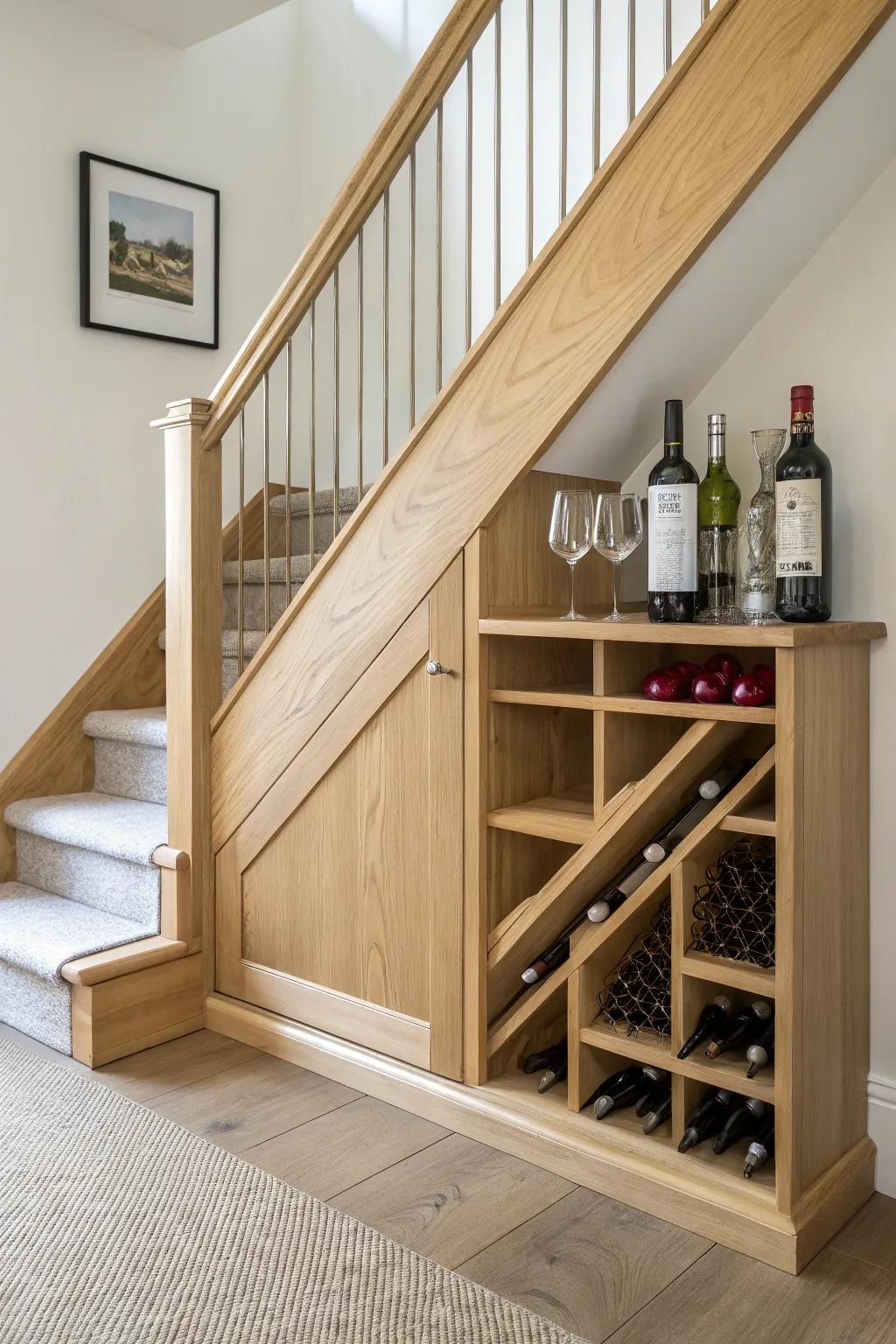 Turn the space under your stairs into a stepped oak wine cabinet with sleek built-in style.