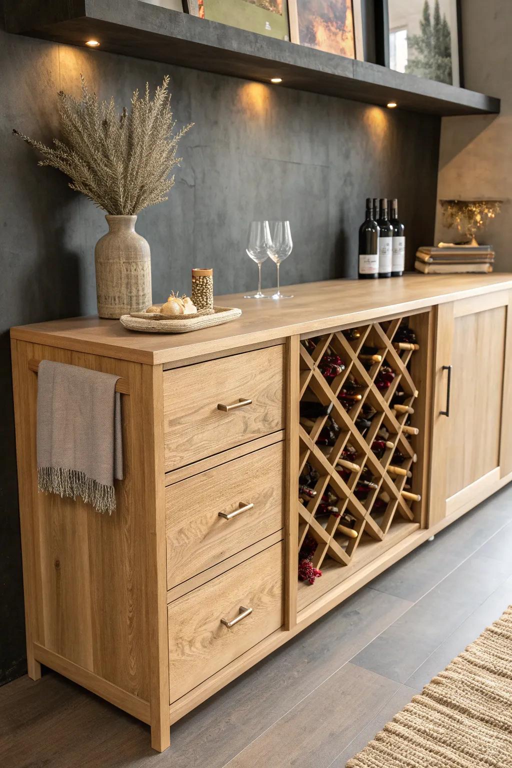 A sleek oak tasting counter with hidden drawers keeps your basement wine cellar company-ready.