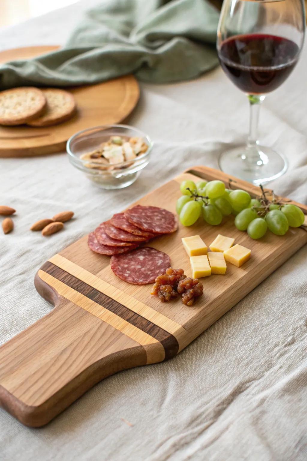 One mini board per pour—scrap-wood charm, simple bites, and perfect wine-flight pairings.