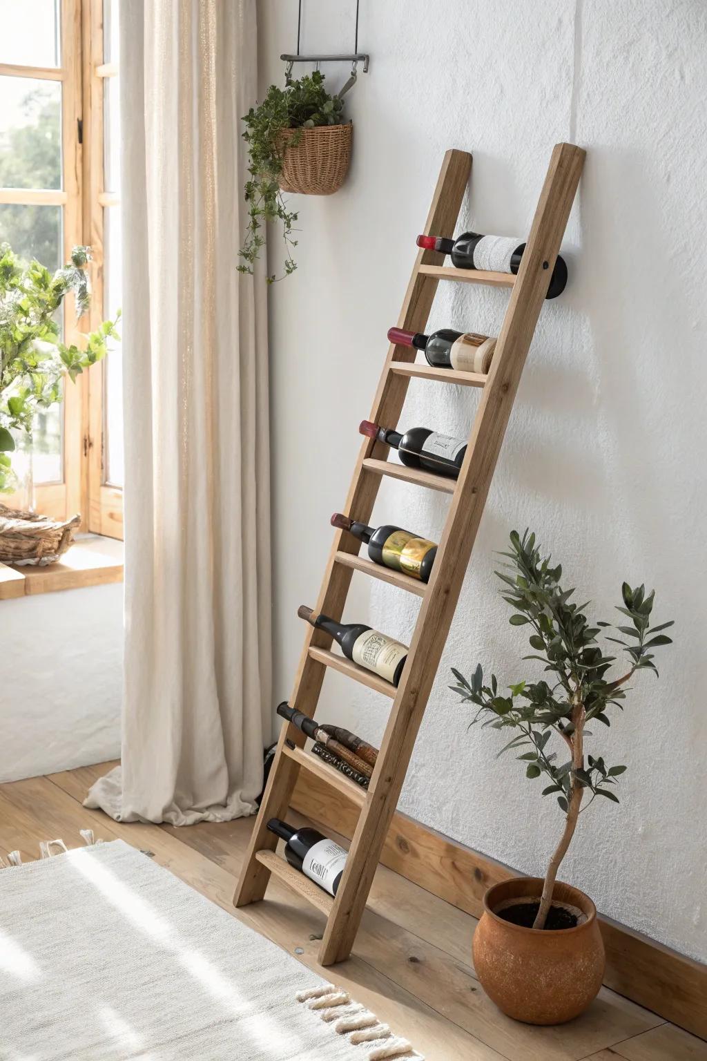 Leaning ladder wine rack from reclaimed wood—vertical storage with a soft Scandinavian boho vibe.