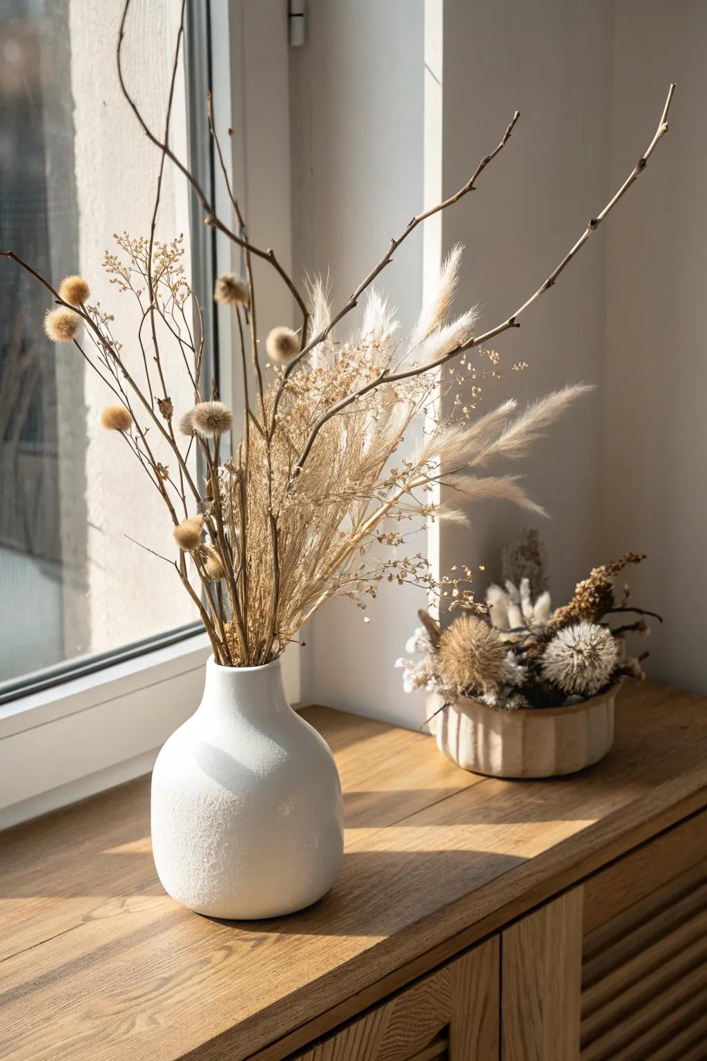 Airy dried florals + eucalyptus in a white vase for a crisp, minimalist winter mantel.