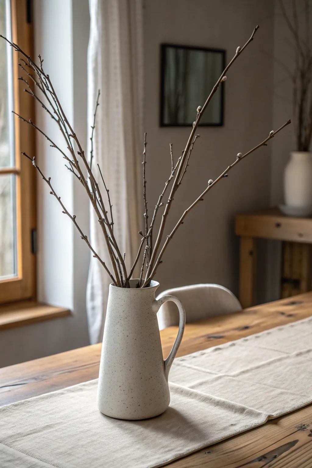 Winter branches in a stoneware jug—simple, sculptural, and perfect for a cozy Nordic table.