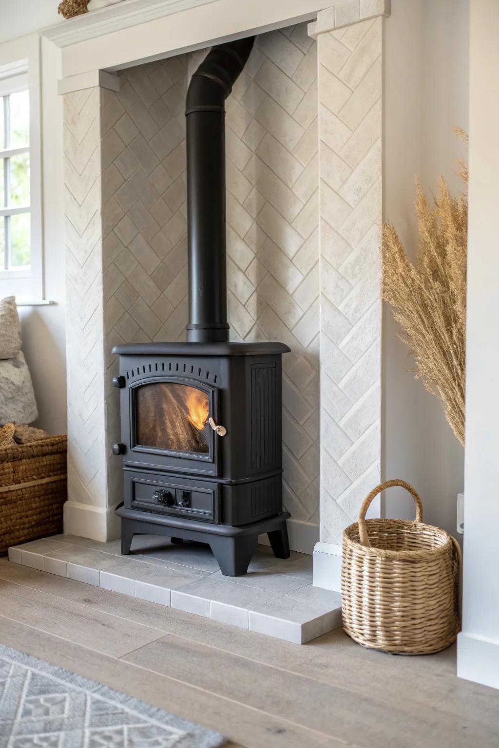 Herringbone tile surround: crisp grout + matte black stove for a chic, handcrafted upgrade.