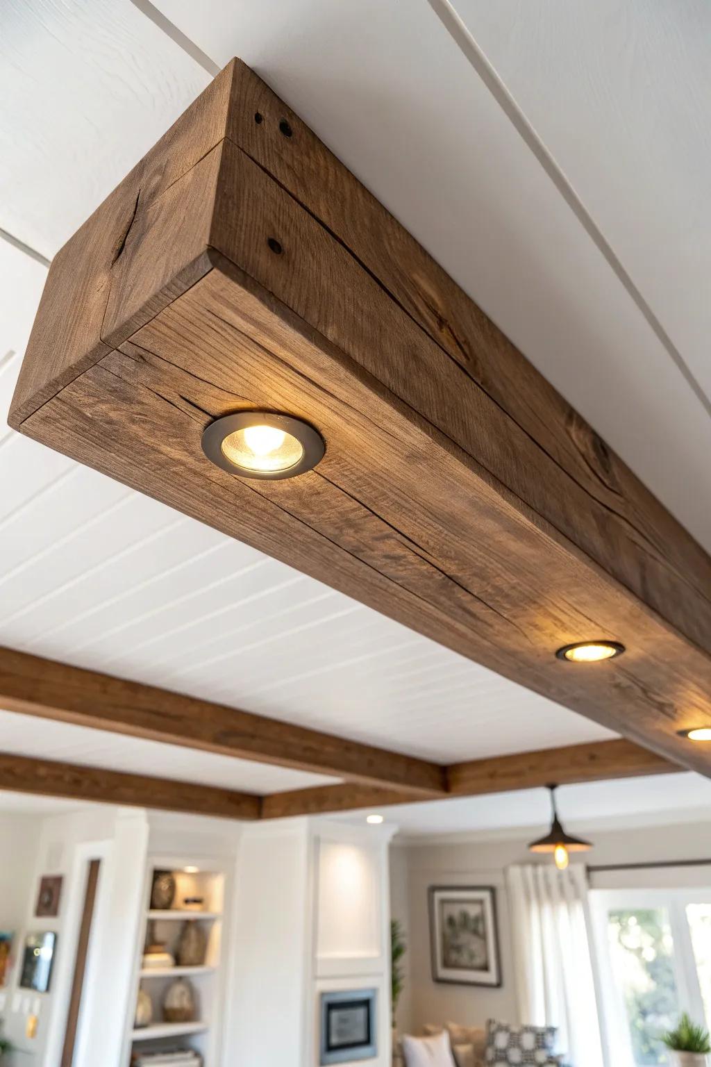 Modern rustic glow: a sleek wood box beam with hidden puck lights for a clean ceiling look.