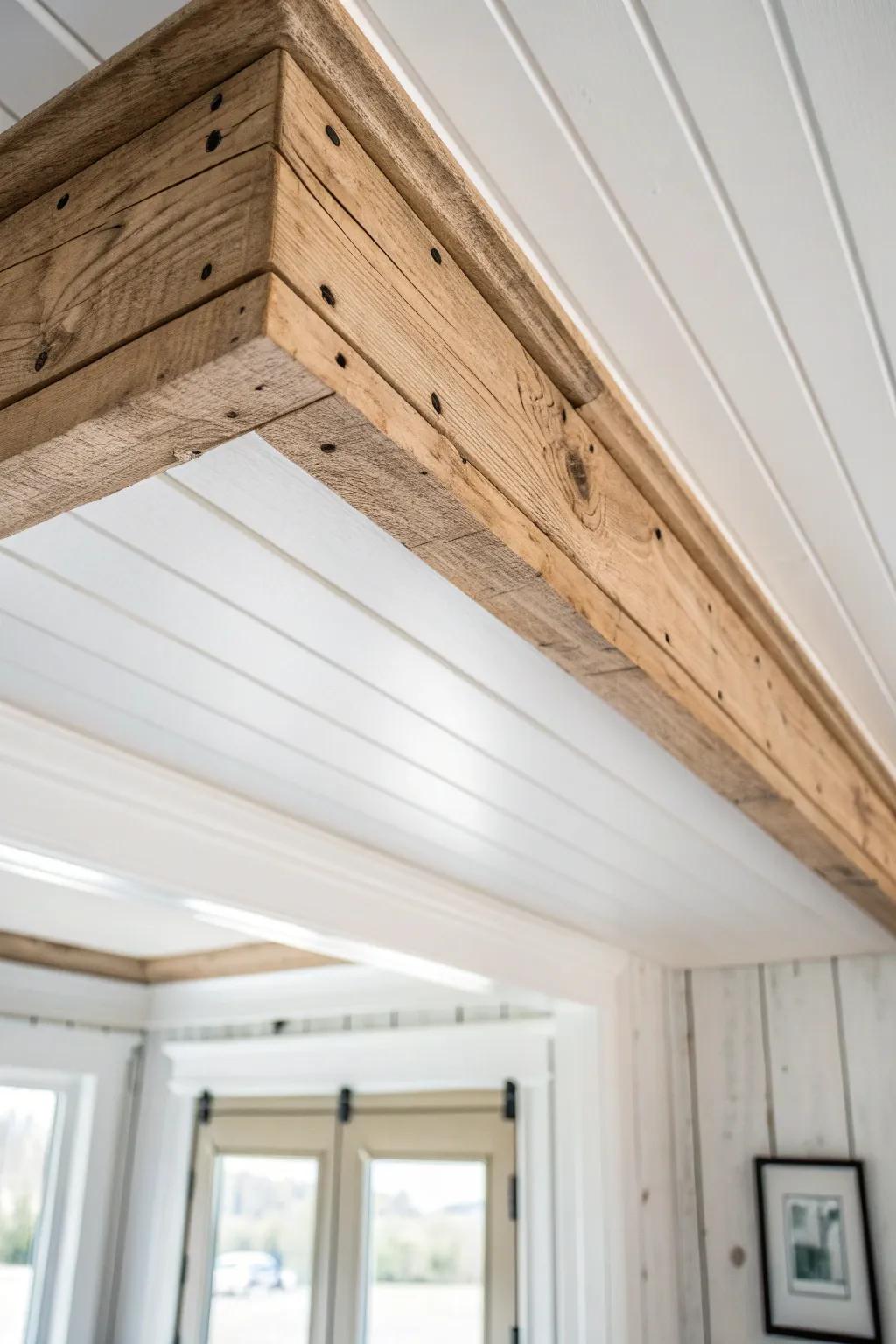 Chunky reclaimed frieze board trim brings farmhouse warmth and contrast to light ceiling planks.
