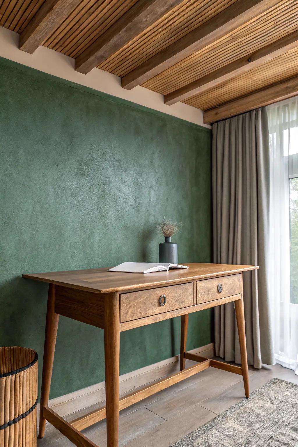 Olive green walls + a rich wood ceiling: grounded vintage lodge vibes with minimalist calm.