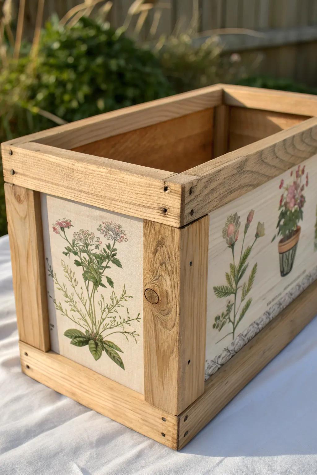 Wood planter box with vintage floral decoupage—sealed for outdoors and porch-perfect.