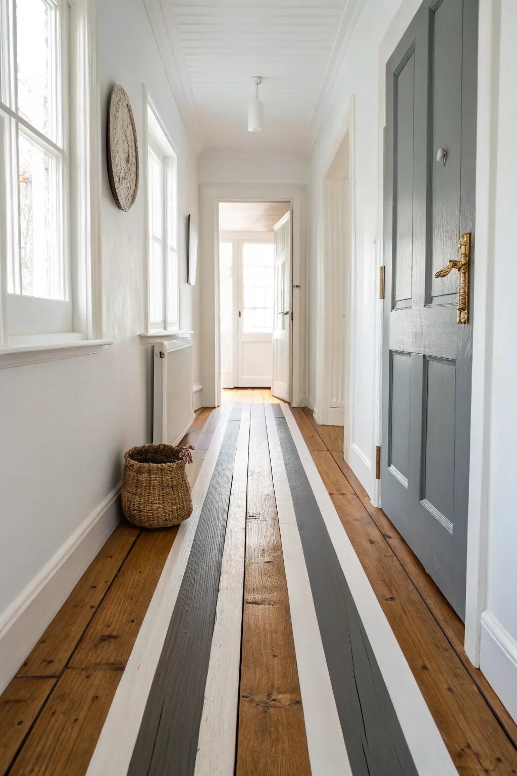 Bold striped wood floors turn a narrow hallway into a longer, playful statement—simple DIY impact.