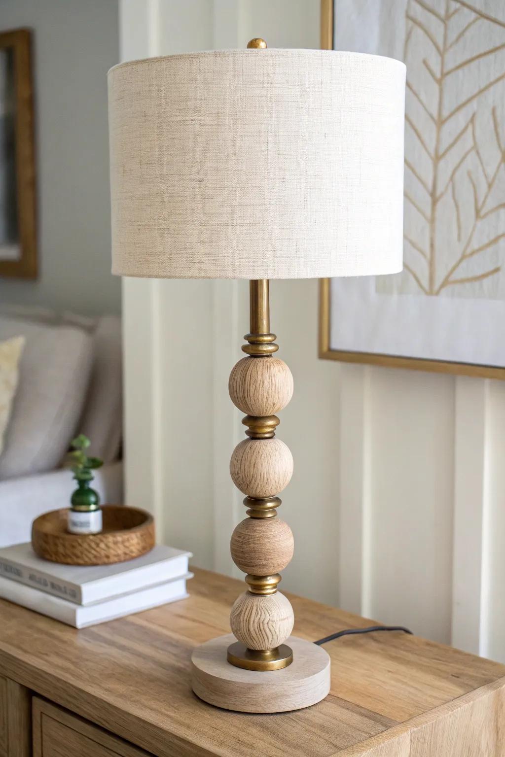 Playful wood bead stack lamp base—minimal, boho-leaning texture with warm Scandinavian calm.