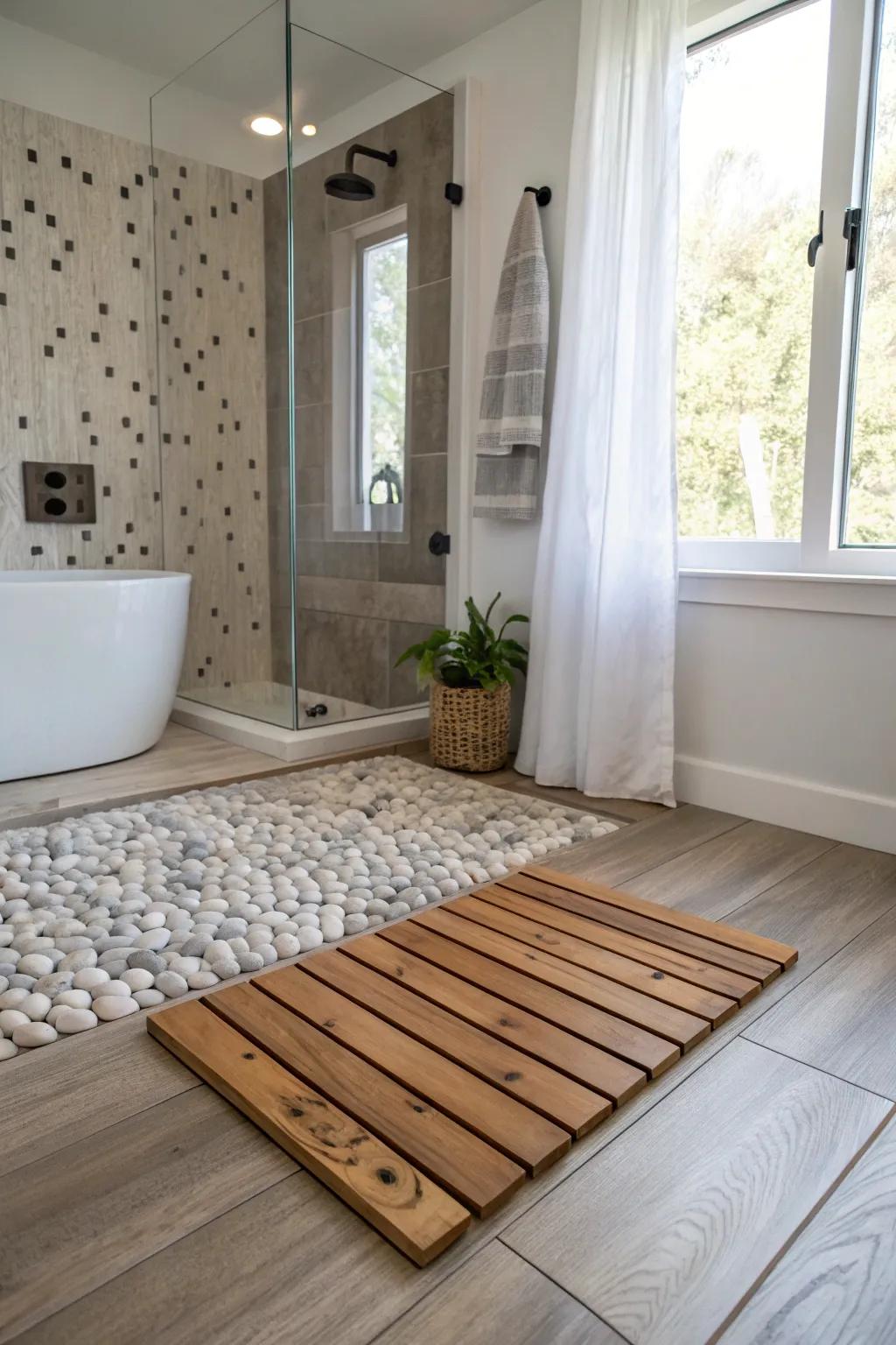 Warm wood-look planks meet a pebble shower patch—spa texture with Scandinavian calm.