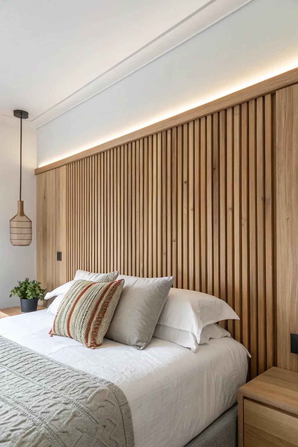 Warm hidden LED glow behind oak slats makes the headboard wall feel softly floating.